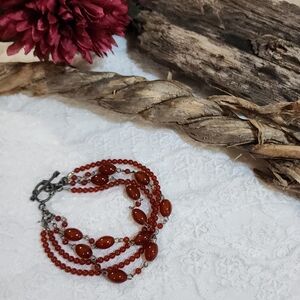 Vintage Red Glass Beaded Multi-Strand Bracelet With Silver Toned Clasp